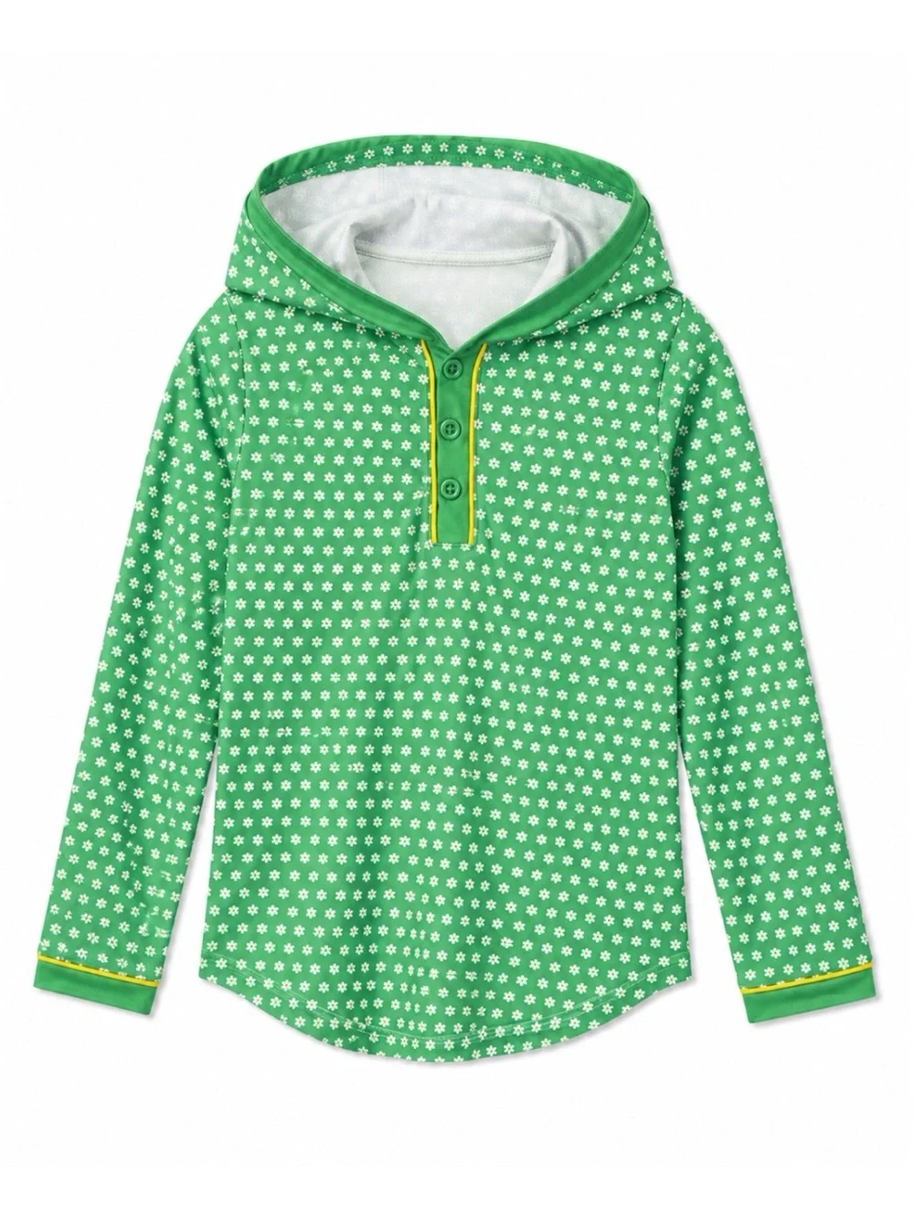 Lands End Green White Daisy Print Long Sleeve UPF 50 Sun Hoodie Rashguard 10/12